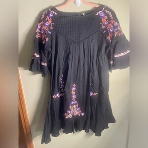 Free People Dress Womens Small Black Pavlo Embroidered Ruffle Pullover Lined 072